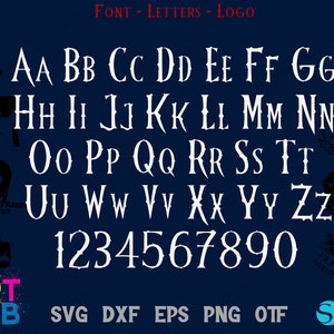 May include: A white font with a gothic style design. The font includes uppercase letters, numbers, and the words "FONT - LETTERS - LOGO" and "ART LAB". The letters are on a dark blue background.