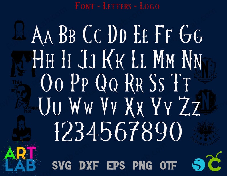 May include: A white font with a gothic style design. The font includes uppercase letters, numbers, and the words "FONT - LETTERS - LOGO" and "ART LAB". The letters are on a dark blue background.
