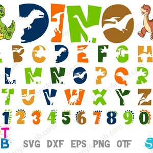 Pu&ograve; includere: Un alfabeto e numeri colorati con silhouette di dinosauri. Le lettere sono di diversi colori, tra cui verde, arancione, blu e marrone. I numeri sono in uno stile simile, con una silhouette di dinosauro attorno a ogni numero.
