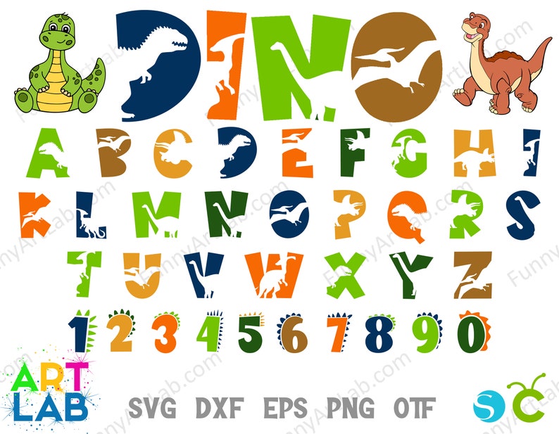 Pu&ograve; includere: Un alfabeto e numeri colorati con silhouette di dinosauri. Le lettere sono di diversi colori, tra cui verde, arancione, blu e marrone. I numeri sono in uno stile simile, con una silhouette di dinosauro attorno a ogni numero.