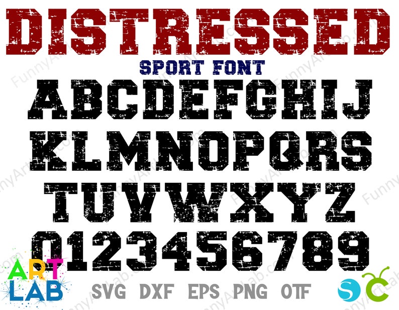 Puede incluir: Alfabeto de fuente angustiada en negro con una textura grunge. Las letras son may&uacute;sculas e incluyen los n&uacute;meros del 0 al 9. La palabra "DISTRESSED" est&aacute; en rojo con una textura grunge. Las palabras "SPORT FONT" est&aacute;n en azul.