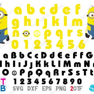 Può includere: Una grafica digitale con lettere e numeri gialli e neri, insieme a due personaggi dei cartoni animati Minion. Le lettere sono sia maiuscole che minuscole e i numeri vanno da 0 a 9. L'immagine include anche il testo "ART LAB" e le abbreviazioni dei tipi di file.