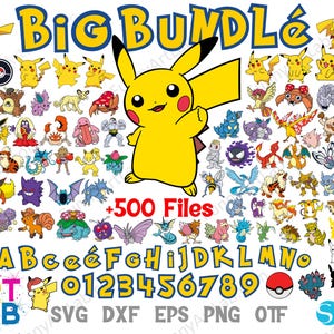 May include: A digital art bundle featuring numerous cartoon characters, including Pikachu, with the text "BIG BUNDLE" and "+500 Files." Also includes letters, numbers, and the text "ART LAB SVG DXF EPS PNG OTF."