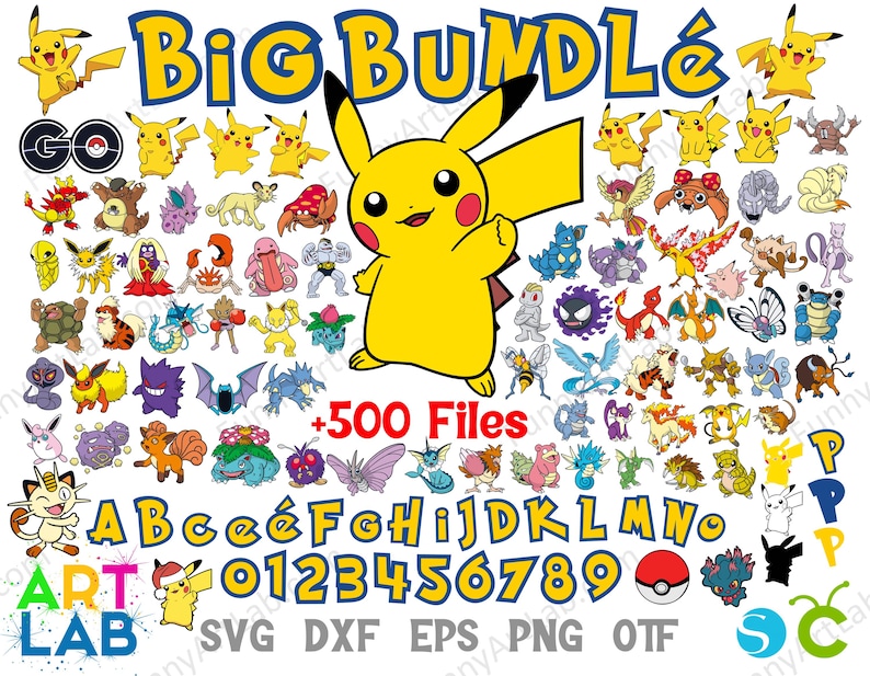 May include: A digital art bundle featuring numerous cartoon characters, including Pikachu, with the text "BIG BUNDLE" and "+500 Files." Also includes letters, numbers, and the text "ART LAB SVG DXF EPS PNG OTF."