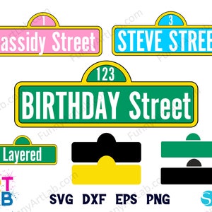 May include: A set of Sesame Street-themed street signs for a birthday party. The signs are yellow with green, blue, and pink backgrounds. The signs read "Cassidy Street", "STEVE STREET", "BIRTHDAY Street", and "Layered".