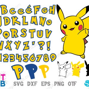 May include: A digital graphic featuring the alphabet, numbers, and the character Pikachu from the Pok&eacute;mon franchise. The letters and numbers are yellow with a blue outline. Pikachu is yellow with red cheeks and a brown patch.