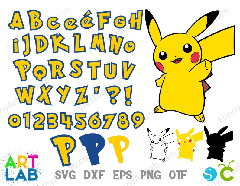 May include: A digital graphic featuring the alphabet, numbers, and the character Pikachu from the Pok&eacute;mon franchise. The letters and numbers are yellow with a blue outline. Pikachu is yellow with red cheeks and a brown patch.