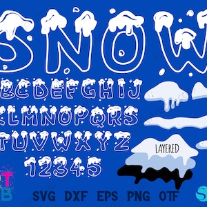 Puede incluir: Alfabeto y números blancos con temática de nieve con un efecto de nieve en capas. Las letras y los números están delineados en blanco y tienen una capa de nieve blanca en la parte superior. La palabra "SNOW" también está incluida en la imagen. La imagen también incluye un efecto de nieve en capas con un contorno negro.
