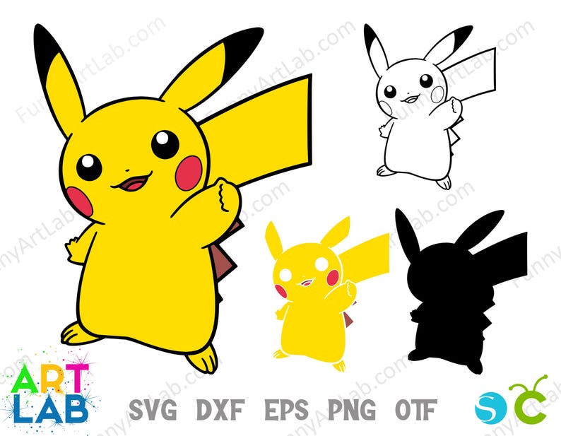May include: A yellow Pikachu character illustration with black-tipped ears, red cheeks, and a brown back. The image includes a black and white outline, a yellow silhouette, and a black silhouette of the character. The text "ART LAB" and file type abbreviations are also present.