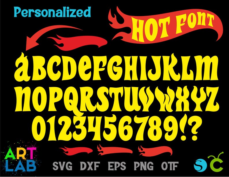 May include: A black background displays a yellow font set with letters, numbers, and symbols. The words "HOT FONT" are in a red banner with flame accents. The word "Personalised" is in blue. The image includes file type abbreviations.
