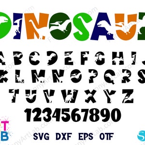 May include: Black and white alphabet and numbers with dinosaur silhouettes. The word "DINOSAUR" is at the top in colorful letters. The text "SVG DXF EPS OTF" is at the bottom.