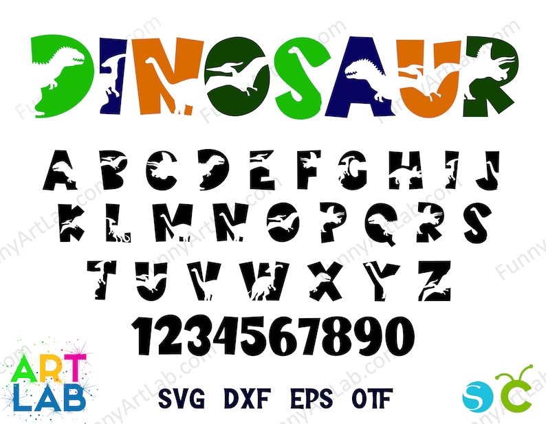 May include: Black and white alphabet and numbers with dinosaur silhouettes. The word "DINOSAUR" is at the top in colorful letters. The text "SVG DXF EPS OTF" is at the bottom.