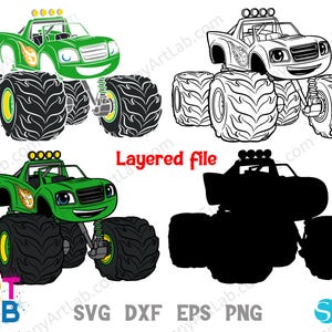 May include: A green monster truck illustration with large black tyres and a smiling face. The truck has a flame design on the side and a row of lights on top. The image includes a black and white outline version, a solid black silhouette, and the text "Layered file".