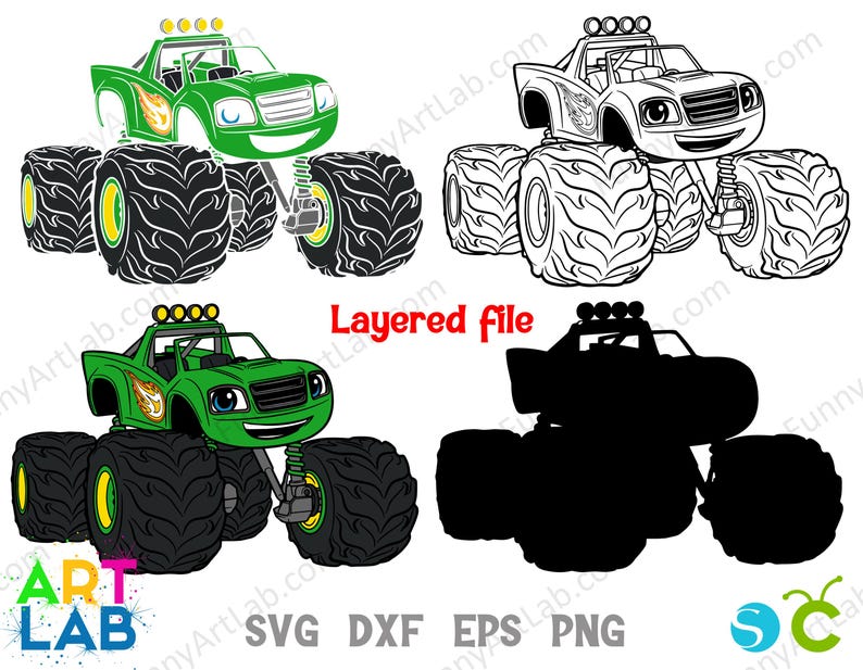 May include: A green monster truck illustration with large black tyres and a smiling face. The truck has a flame design on the side and a row of lights on top. The image includes a black and white outline version, a solid black silhouette, and the text "Layered file".