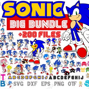 Könnte beinhalten: Eine digitale Grafik mit dem Wort "SONIC" in Blau und Gelb und "BIG BUNDLE +200 FILES" in Rot und Weiß. Das Bild enthält verschiedene Cartoon-Charakter-Illustrationen, das Alphabet und Dateityp-Abkürzungen wie SVG, DXF, EPS, PNG und OTF.