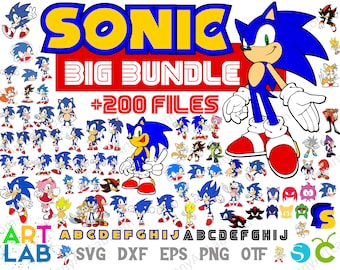 May include: A digital graphic featuring the word "SONIC" in blue and yellow, with "BIG BUNDLE +200 FILES" in red and white. The image includes various cartoon character illustrations, the alphabet, and file type abbreviations like SVG, DXF, EPS, PNG, and OTF.
