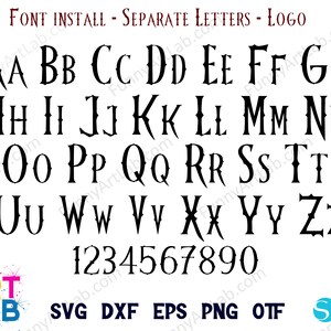 May include: Black and white font alphabet with uppercase letters A through Z and numbers 1 through 9. The font is a gothic style with sharp edges and points.