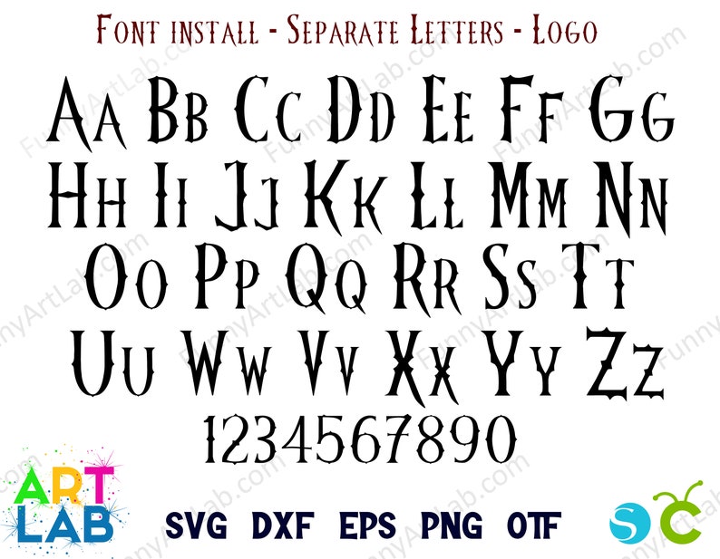 May include: Black and white font alphabet with uppercase letters A through Z and numbers 1 through 9. The font is a gothic style with sharp edges and points.