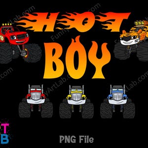 May include: A black background with the words "HOT BOY" in orange flames. The image features cartoon monster trucks in red, orange, yellow, and blue. The text "PNG File" and "Art Lab" are also present.