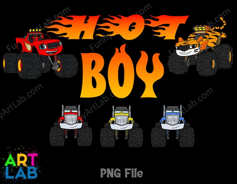 May include: A black background with the words "HOT BOY" in orange flames. The image features cartoon monster trucks in red, orange, yellow, and blue. The text "PNG File" and "Art Lab" are also present.