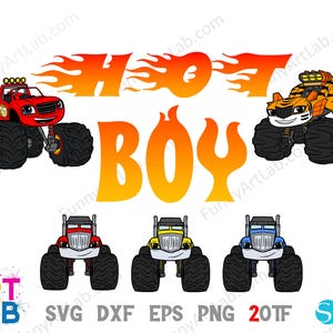 May include: A cartoon image of monster trucks in red, orange, yellow, and blue, with the text "HOT BOY" in flame-like lettering. The image also includes the text "ART LAB" and file type abbreviations such as SVG and PNG.
