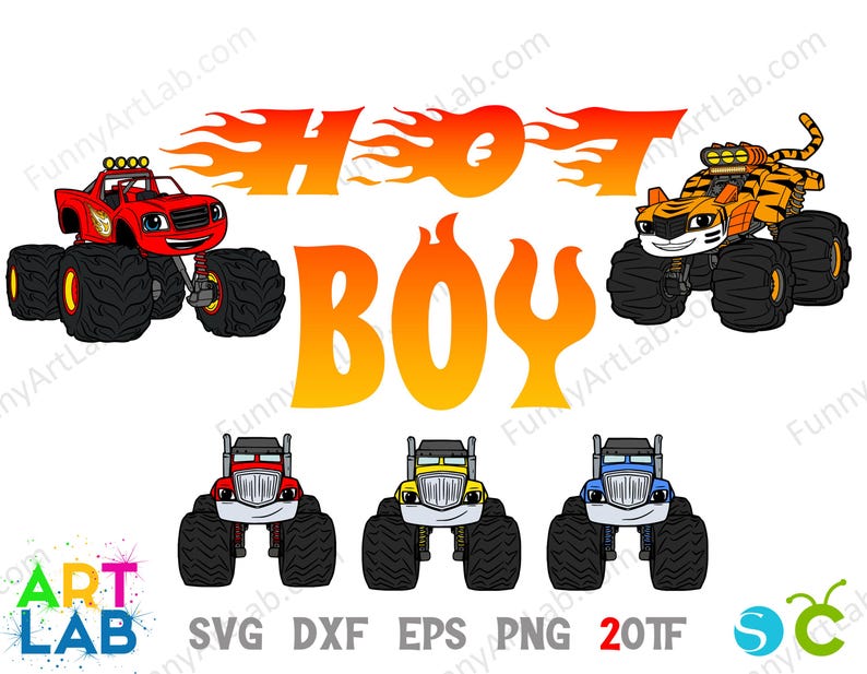 May include: A cartoon image of monster trucks in red, orange, yellow, and blue, with the text "HOT BOY" in flame-like lettering. The image also includes the text "ART LAB" and file type abbreviations such as SVG and PNG.