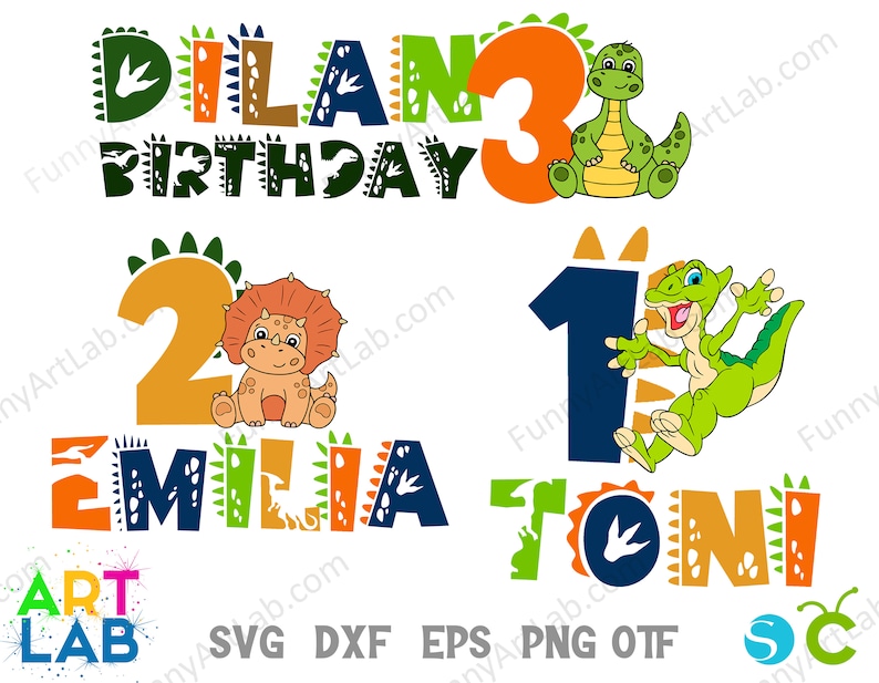 Pu&ograve; includere: Un set di due design di compleanno a tema dinosauri. Il primo design presenta il nome "DILAN" con il numero "3" e un dinosauro verde. Il secondo design presenta il nome "EMILIA" con il numero "2" e un dinosauro rosa e il nome "TONI" con il numero "1" e un dinosauro verde.