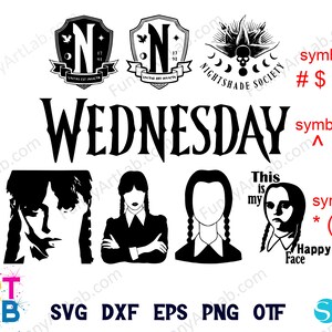 May include: Black and white digital design featuring the word "WEDNESDAY" in bold letters. The design also includes four images of the character Wednesday Addams from the Addams Family. The text "This is my Happy Face" is included in the design.