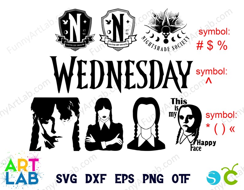 May include: Black and white digital design featuring the word "WEDNESDAY" in bold letters. The design also includes four images of the character Wednesday Addams from the Addams Family. The text "This is my Happy Face" is included in the design.