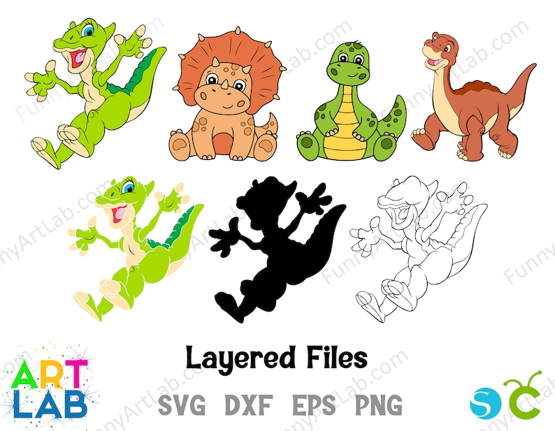 Pu&ograve; includere: Un set di cinque file di taglio digitale con dinosauri dei cartoni animati in varie pose. I dinosauri sono verdi, marroni e neri. I file sono stratificati e includono i formati SVG, DXF, EPS e PNG.