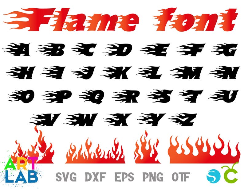 May include: A digital graphic showing a flame font alphabet in black with a fiery flame design. The words "Flame font" are in red and orange. Includes SVG, DXF, EPS, PNG, and OTF file formats.