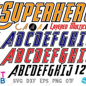 Peut inclure: Un fichier de conception numérique pour une police de caractères de super-héros multicouche et multicolores. La police comprend les lettres majuscules de A à J et les chiffres de 1 à 3. La police est de style gras et en blocs avec un effet de superposition. Le design est disponible aux formats SVG, DXF, EPS, PNG et OTF.