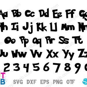 May include: Black cartoon-style alphabet letters and numbers 0-9 on a white background. The letters are in uppercase and lowercase. The image includes the text "ART LAB" and file type abbreviations.