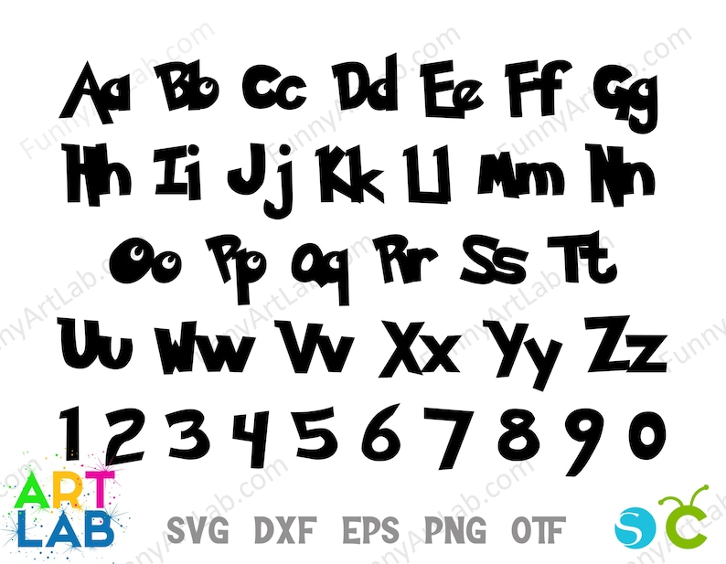 May include: Black cartoon-style alphabet letters and numbers 0-9 on a white background. The letters are in uppercase and lowercase. The image includes the text "ART LAB" and file type abbreviations.