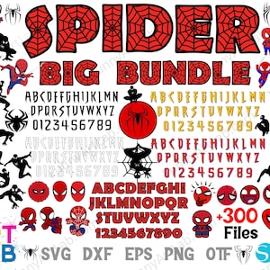 Op de afbeelding: Een digitale grafische bundel met het woord "SPIDER" in rood met een spinnenwebontwerp, samen met "BIG BUNDLE". Bevat verschillende Spider-Man-karakterillustraties, alfabetten, cijfers en grafische bestanden. De tekst "+300 Files" is ook aanwezig.