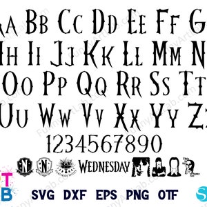 May include: Black and white alphabet font with gothic style lettering. The letters are uppercase and include numbers 1 through 9 and 0. The font is displayed against a white background. The words "SVG DXF EPS PNG OTF" are displayed below the font.