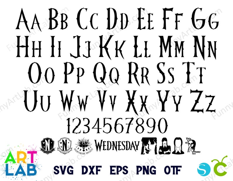 May include: Black and white alphabet font with gothic style lettering. The letters are uppercase and include numbers 1 through 9 and 0. The font is displayed against a white background. The words "SVG DXF EPS PNG OTF" are displayed below the font.