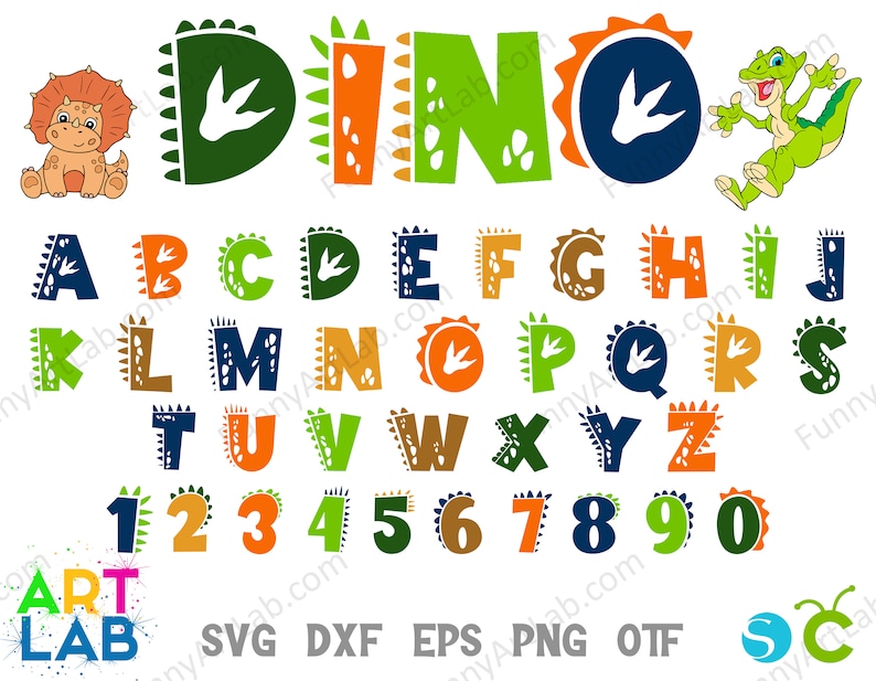 Lettere di dinosauro SVG Carattere di dinosauro Otf Numeri di compleanno Svg Png Carattere di dinosauro Svg Taglia dinosauro Cricut Maglietta per bambini fai da te Svg Compleanno Carattere per bambini SVG immagine 2