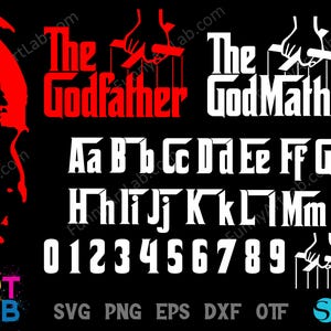 May include: Black graphic featuring the words "The Godfather" in red and white, along with a font set and numbers. The image includes a silhouette and a hand controlling marionette strings.