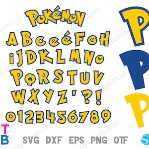 May include: A digital graphic featuring the word "Pok&eacute;mon" in yellow with a blue outline, along with the alphabet and numbers. The letters and numbers are yellow with blue outlines. The image also includes the letters "P" in yellow and blue.
