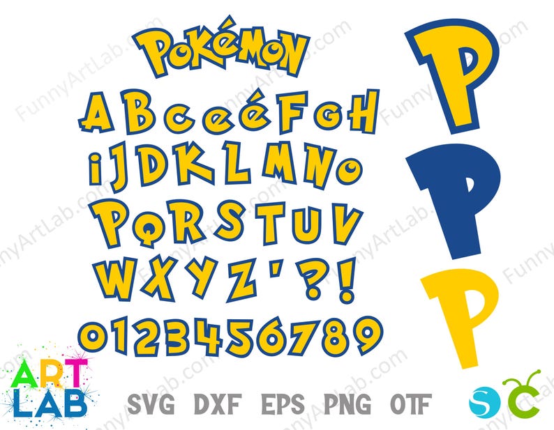 May include: A digital graphic featuring the word "Pok&eacute;mon" in yellow with a blue outline, along with the alphabet and numbers. The letters and numbers are yellow with blue outlines. The image also includes the letters "P" in yellow and blue.