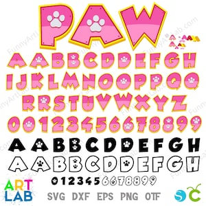 Puede incluir: Un conjunto de letras y números rosas y amarillos con diseños de huellas de patas. La palabra "PAW" está en la parte superior. Incluye varios formatos de archivo: SVG, DXF, EPS, PNG y OTF.