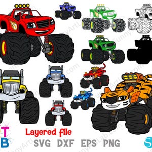 May include: A selection of cartoon monster truck illustrations in vibrant colours such as red, yellow, blue, green, and orange. The trucks feature large wheels and smiling faces. The image also includes the text "ART LAB" and "Layered File SVG DXF EPS PNG".