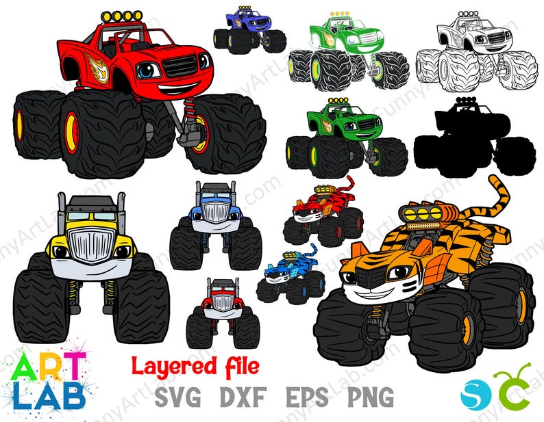 May include: A selection of cartoon monster truck illustrations in vibrant colours such as red, yellow, blue, green, and orange. The trucks feature large wheels and smiling faces. The image also includes the text "ART LAB" and "Layered File SVG DXF EPS PNG".