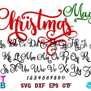 Può includere: Progettazione del font Christmas Magic con un titolo rosso e verde e un alfabeto e numeri neri. Il font è in stile corsivo.