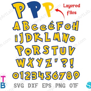 May include: A collection of yellow and blue cartoon-style letters and numbers, including the alphabet and digits 0-9. The design features a bold, rounded font with a blue outline and yellow fill. The image also includes the text "Layered files".