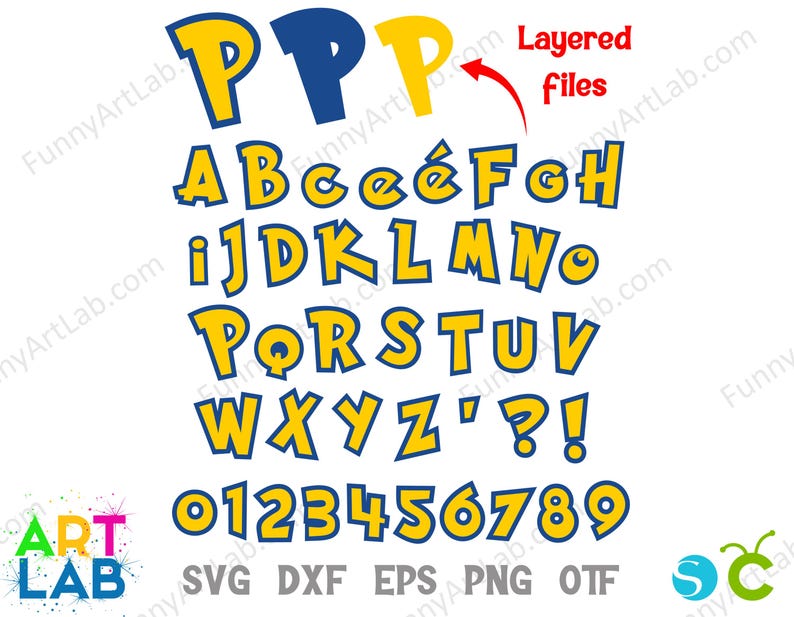 May include: A collection of yellow and blue cartoon-style letters and numbers, including the alphabet and digits 0-9. The design features a bold, rounded font with a blue outline and yellow fill. The image also includes the text "Layered files".