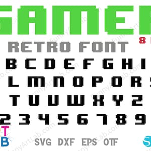 May include: A green pixelated font that says "GAMER" in all caps. Below the word "GAMER" is the text "RETRO FONT" in gray and "8 BIT" in black. The image also includes a black pixelated alphabet and numbers.