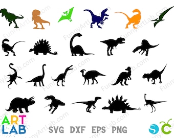 May include: A set of 18 black silhouette dinosaur illustrations. The dinosaurs include a stegosaurus, triceratops, brachiosaurus, velociraptor, and pterodactyl.