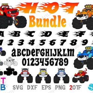 May include: A digital graphic bundle featuring cartoon monster trucks in red, orange, blue, green, and yellow. Includes the word "HOT" in orange flames, the word "Bundle", and letters and numbers.